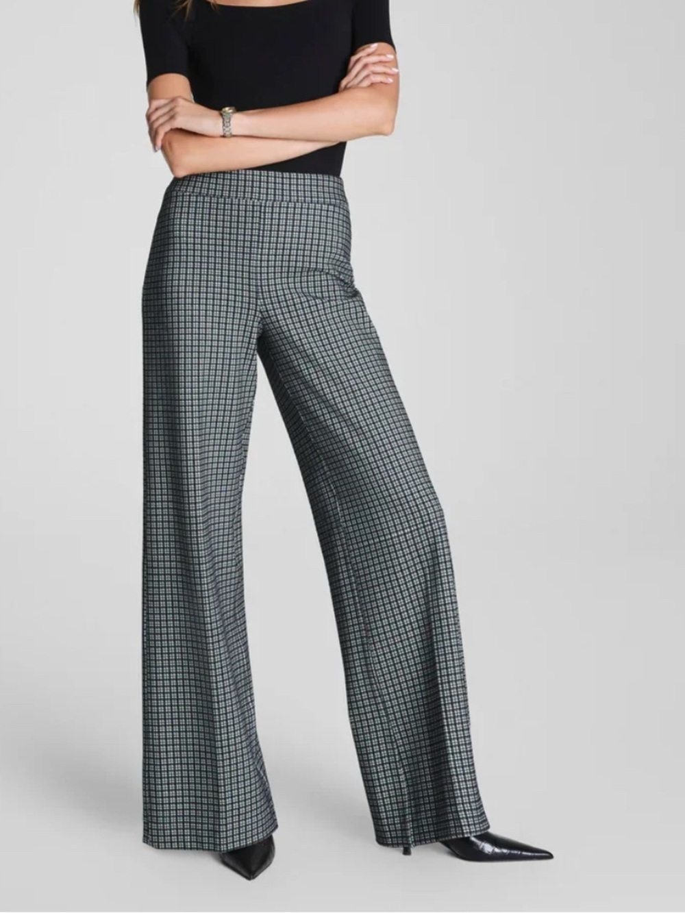 NWT SPANX Wide-Leg Grid-Print Pants in Black and White Sz XL Tummy Control